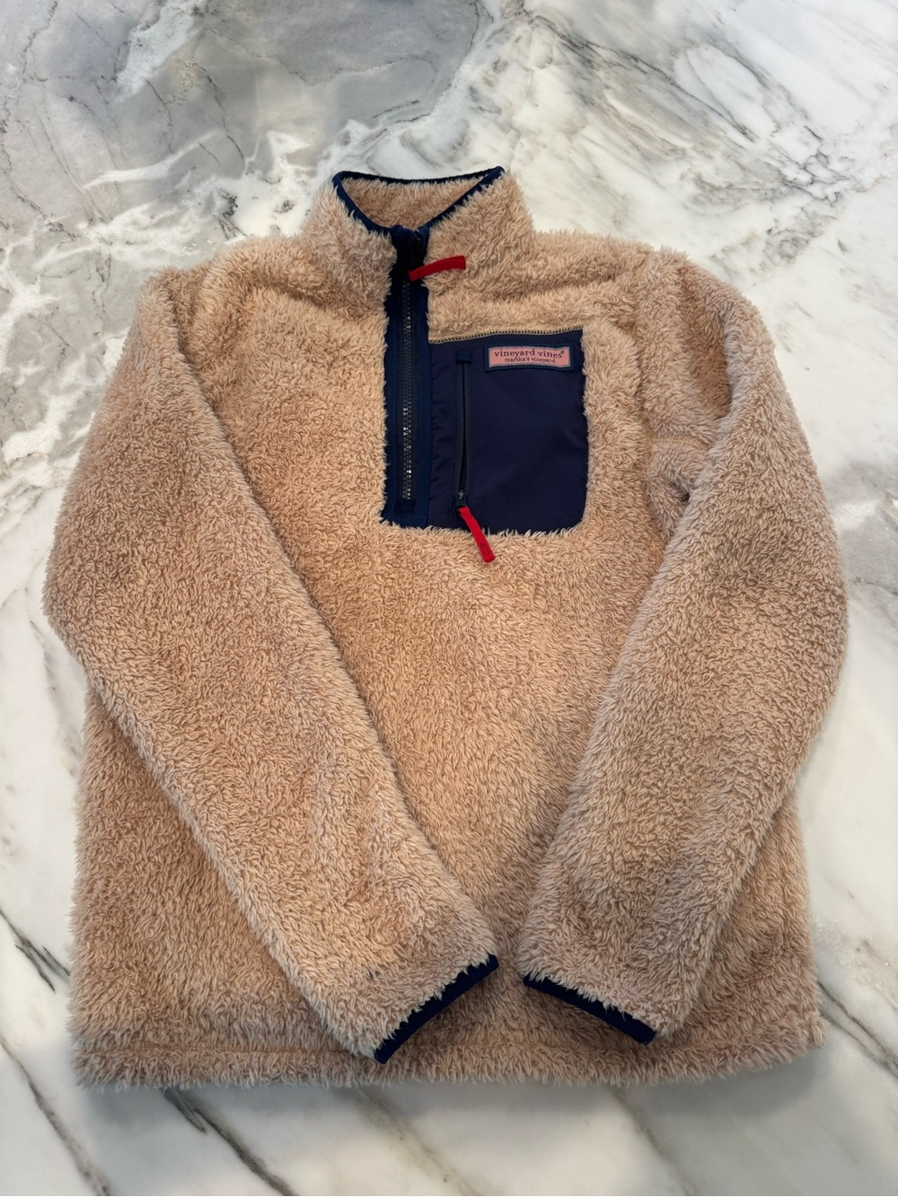 Vineyard Vines Kids boys medium Tan Sherpa Pullover with Navy Pocket